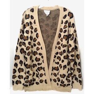 Hayden Cardigan Sweater Wn S/M Tan Animal Leopard Print Knit Open Front Pockets